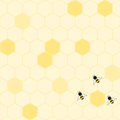 Honeycombs with hexagon grid cells and bee cartoons on yellow background vector illustration.