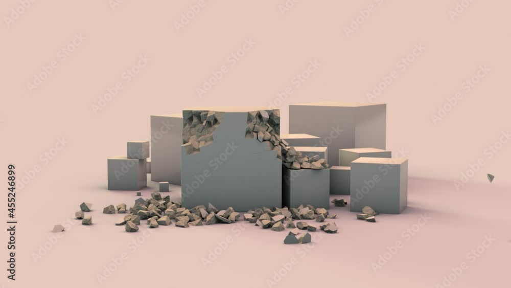 Poster 3d animation of a set of white cubes on the surface. two cubes begin to self-destruct. the idea of c