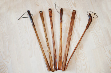 Hand carved oak wooden shoe horn. Shoes accessories. Home styling spoon.