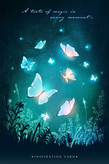 Vector illustration with magical glowing butterflies flying in the garden at night. Inspiration card.