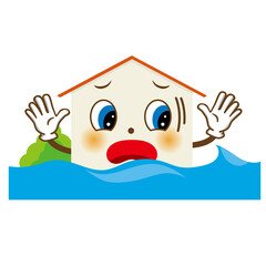 擬人化した家のキャラクターのイラスト：大雨と洪水　住宅　自然災害　損害保険向け