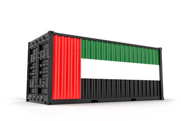 Realistic shipping container textured with Flag of the United Arab Emirates. Isolated. 3D Rendering