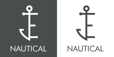 Logotipo con texto Nautical y silueta de ancla de barco con forma de letra inicial E con lineas en fondo gris y fondo blanco