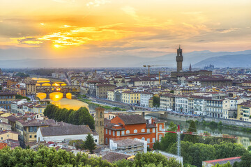 Sunset over river Arno in Florence in Italy