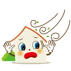 擬人化した家のキャラクターのイラスト：台風と大風　住宅　自然災害　損害保険向け