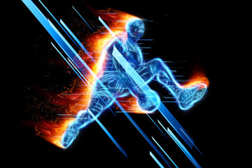 Neon image of a professional basketball player jumping with a ball. Creative collage, sports flyer....