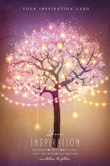 Beautiful magic tree with decorative lights for party. Inspiration card for wedding, date, birthday, tea party. Garden party invitation