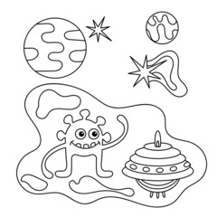 Cosmos Coloring book for children. Funny cartoon alien, spaceship, planets and stars. Outline vector illustration