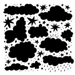 Tuinposter Collection of clouds. A set of silhouettes of various stars, sun and raindrops. Thunderclouds, cloudy weather. Vector illustration of hand drawn sky silhouettes on white background. © Larisa Zaytseva
