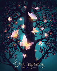 Vector illustration with magical glowing night butterflies in the forest. Inspiration card.