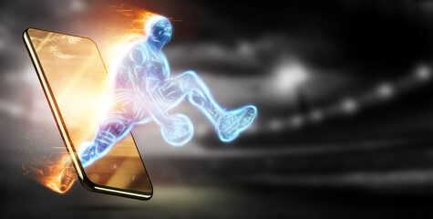 The fiery image of a basketball player cuts out of his smartphone. Creative collage, sports app. Concept for online store, online application, sports betting, 3D illustration, 3D render