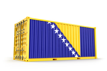 Realistic shipping container textured with Flag of Bosnia and Herzegovina. Isolated. 3D Rendering
