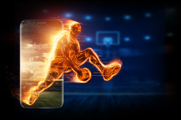 The fiery image of a basketball player cuts out of his smartphone. Creative collage, sports app. Concept for online store, online application, sports betting, 3D illustration, 3D render