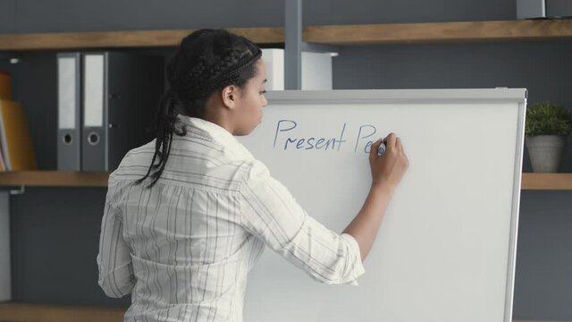 English lesson. Back view of professional african american foreign language teacher writing topic on whiteboard