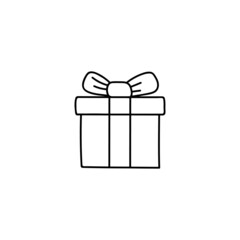 Gift box package icon in flat black line style, isolated on white background 