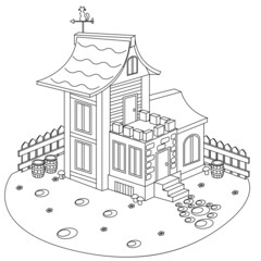 Coloring book wooden village house. Vector illustration on the theme of architecture.