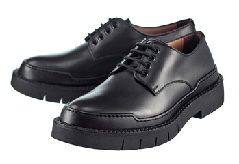 Beautiful pair of classic men's black leather lace-up shoes, with a reinforced toe, with a heel, isolated on a white background.