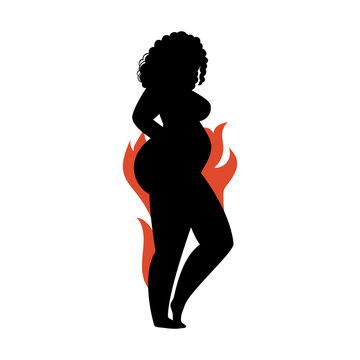 Pregnant female silhouette on a white background. The girl in the prenatal period is posing. Vector stock illustration of a curly woman in profile isolated.