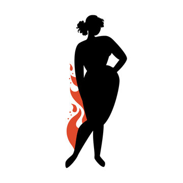 Female silhouette on a white background. Girl power with fiery forms posing. Vector stock illustration of a confident woman without complexes isolated.