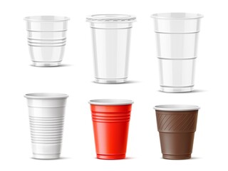 Plastic cups. Realistic transparent and color drinks takeaway mugs, hot and cold beverages containers mockup, different sizes. Vector set