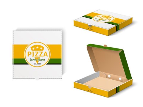 Pizza box design. Realistic fast food mockup, cardboard branded packaging with pizzeria logo, restaurant delivery box template. Vector set