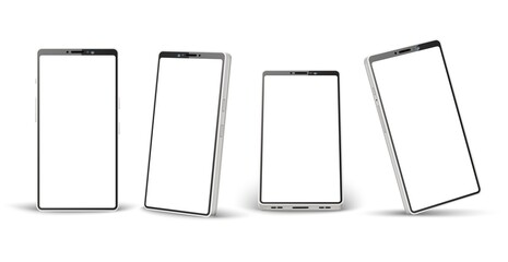 Realistic phone white mockup. Different angles perspective telephone template, 3d mobile device mockup, simple smartphone design. Vector set