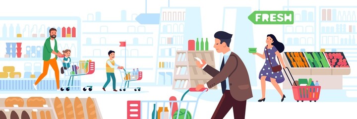 Supermarket people. Big store shopping, many characters with carts and baskets, men, women and kids in right products search, vector concept