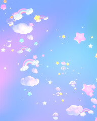 Obraz premium 3d rendered cartoon dreamy rainbow clouds and stars in the sky.