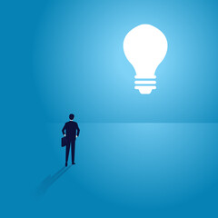 Obraz premium Great idea takes you to the future. Vector illustration of a businessman facing bright lamp bulb as door in the wall