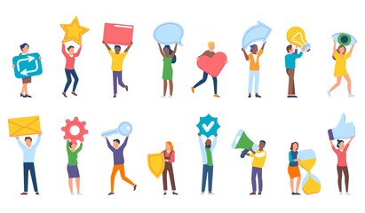 Tiny people hold items. Cartoon persons with social media icons, web signs, feedback star, heart, idea light bulb, men and women, vector set