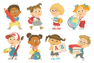 School kids. Back to school, happy children hold different student supplies, boys and girls with backpacks, books, globe, pencil, vector set