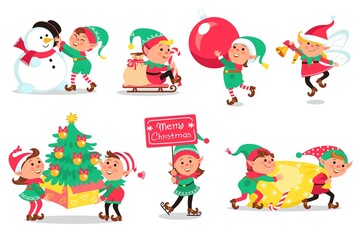 Obraz na płótnie Canvas Christmas elves. Cartoon funny magical creatures, little helpers of santa Claus, christmas gnomes, kids with gifts and toys, vector set