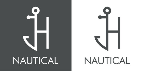 Logotipo con texto Nautical y silueta de ancla de barco con forma de letra inicial H con lineas en fondo gris y fondo blanco © teracreonte