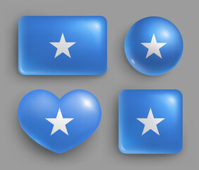 Set of glossy buttons with Somalia country flag. Eastern African republic national flag, shiny geometric shape badges. Somalia symbols in patriotic colors realistic vector illustration