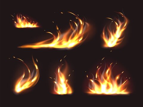 Flame elements. Realistic different shapes combustion, isolated 3d fires, blazing jet, campfires and flames with flying sparks, vector set
