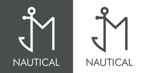 Logotipo con texto Nautical y silueta de ancla de barco con forma de letra inicial M con lineas en fondo gris y fondo blanco