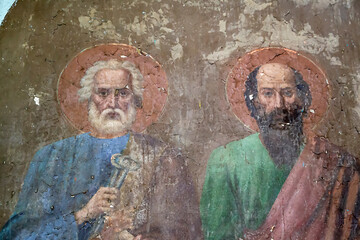 Fototapeta na wymiar religious painting in an abandoned Orthodox church