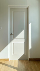 Closeup detail of white door with shadow.