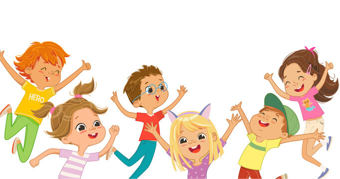 Group cheerful jumping preschool kids rejoicing enjoying happy childhood having positive emotion vector flat illustration. Adorable casual boys and girls have fun together horizontal banner isolated