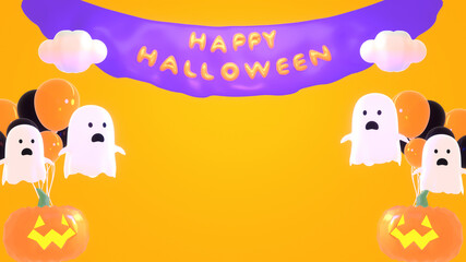 3d rendered cartoon cute ghost halloween balloons party with copy space.