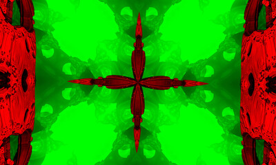 Kaleidoscope in christmas colors of red and green. Happy christmas 2022 pattern.