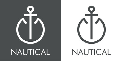 Logotipo con texto Nautical y silueta de ancla de barco con forma de letra inicial O con lineas en fondo gris y fondo blanco
