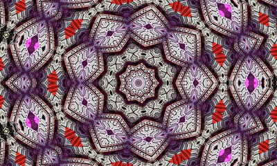 Fototapeta na wymiar Purple repeating flower ornate mandala pattern background - abstract symmetrical ornament wallpaper graphic.