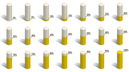 Set of cylinders diagrams for infographics in the form of coins. Percentages from 0 to 100 in increments of 5. Vector illustration.