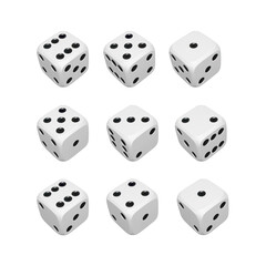Set of 3d dice. Render white realistic dices. Casino and betting background. Vector