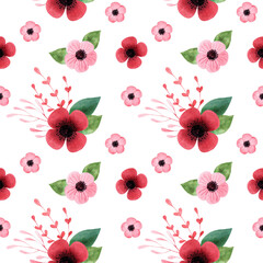 Watercolor seamless floral pattern with red flowers and leaves on white background. Botanical background with wildflowers and herbs for textile, prints, wallpapers and wedding decoration.