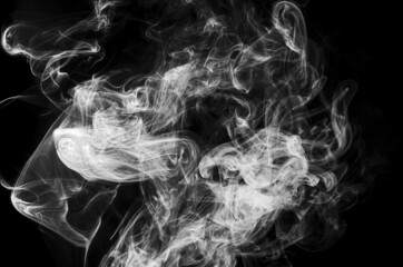 Fototapeta premium Gray, white smoke in the dark on a black background, isolated steam, fume, dry ice