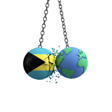 Bahamas flag ball hits planet earth. Environmental impact concept. 3D Render
