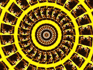 Retro theme poster, Yellow beige color with a black star in the center. Kaleidoscopic and cubic pattern.