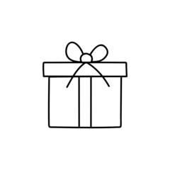 Gift box package icon in flat black line style, isolated on white background 